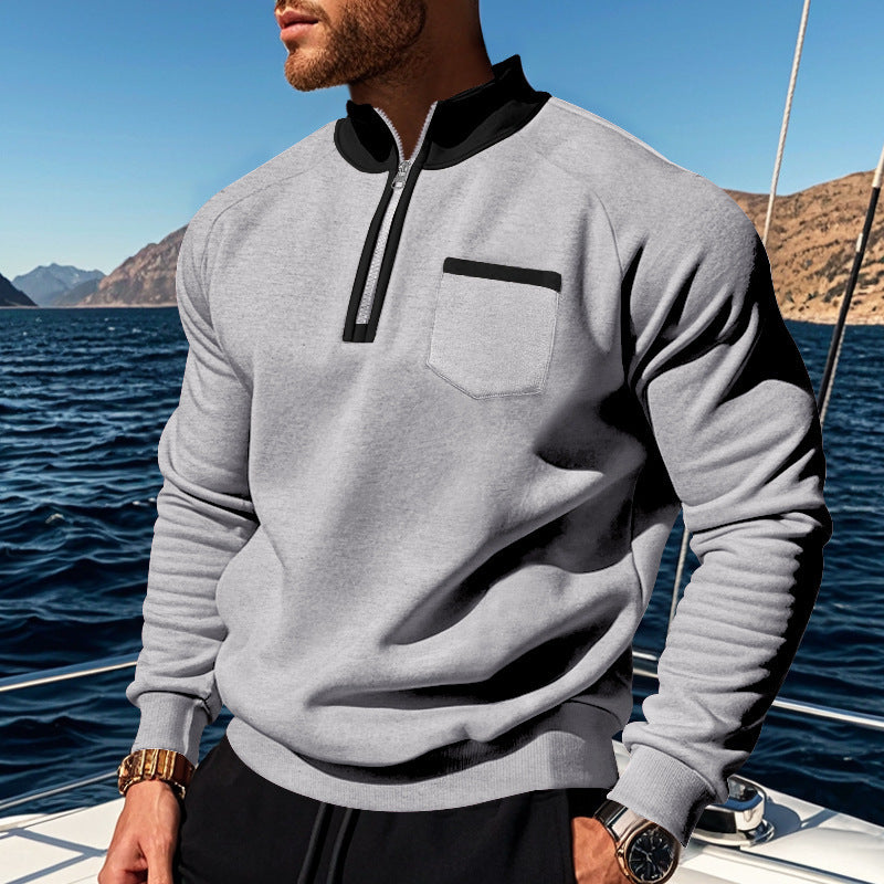 Herren sportlicher Stehkragen Pullover mit Reißverschluss und praktischer Brusttasche Aliams