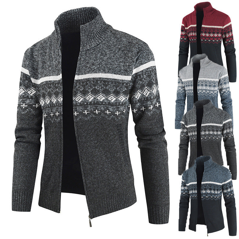 Herren Strickjacke mit Wintermuster und hohem Stehkragen Aliams
