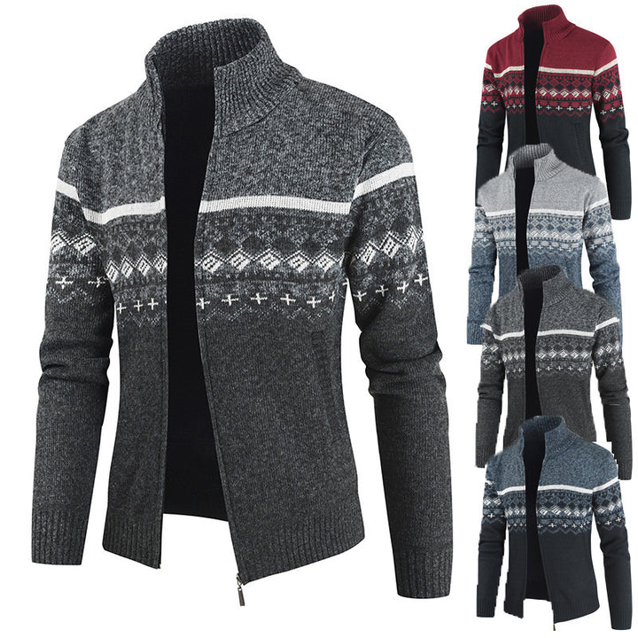 Herren Strickjacke mit Wintermuster und hohem Stehkragen Aliams