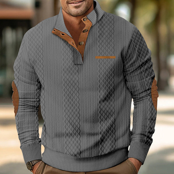 Herren strukturierter Pullover mit modischem Henley-Ausschnitt und geschmackvollen Kunstlederdetails Aliams