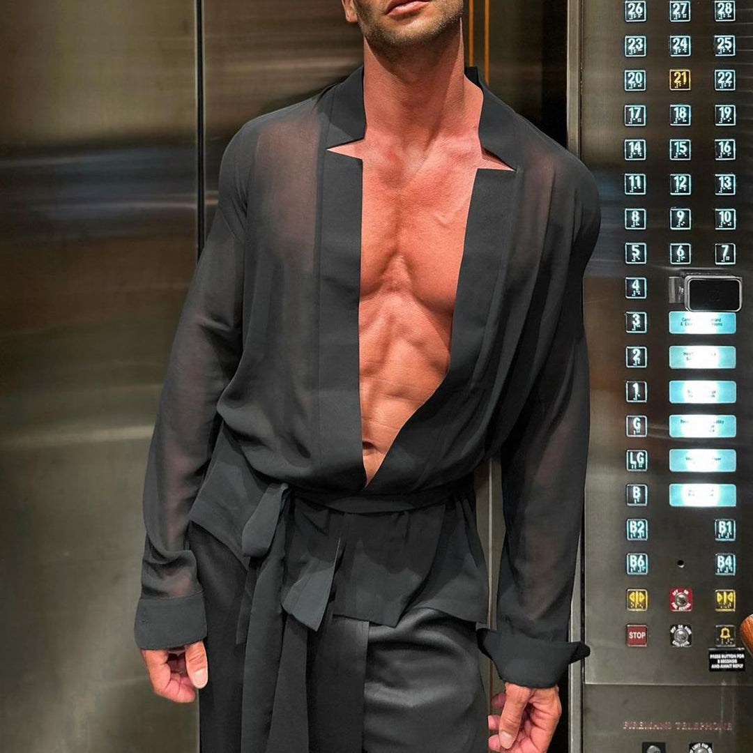 Herren transparenter Kimono mit tiefem V-Ausschnitt und Bindegürtel Aliams