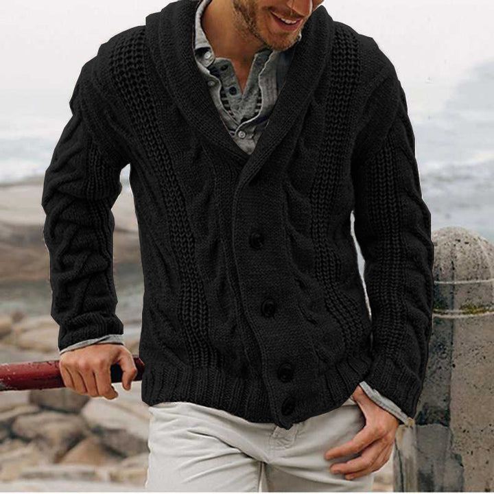 Herren Strickjacke mit modernem Zopfmuster und hohem Kragen Aliams