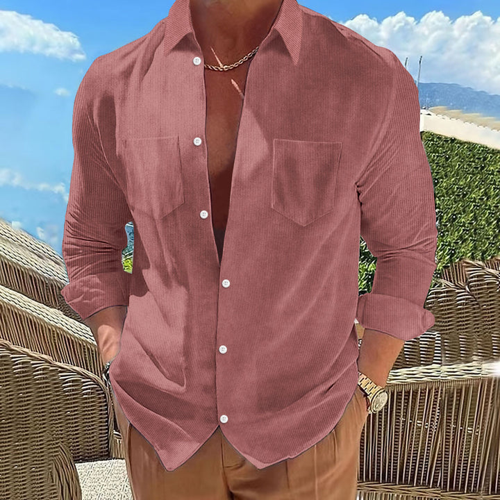Herren Strukturierte Hemdbluse mit Brusttaschen und umschlagbaren Ärmeln Aliams