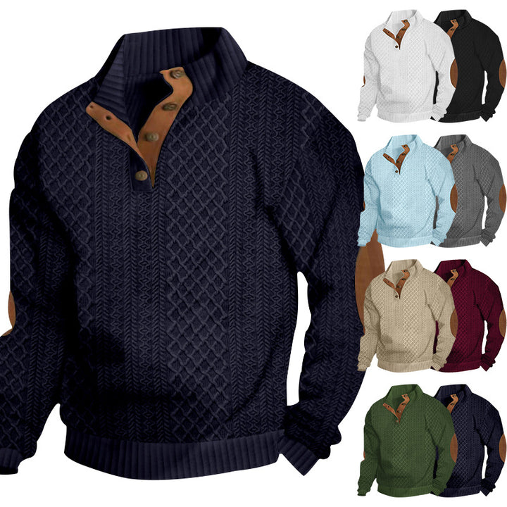 Herren Strickpullover mit innovativem Stehkragen und modernen Lederapplikationen Aliams