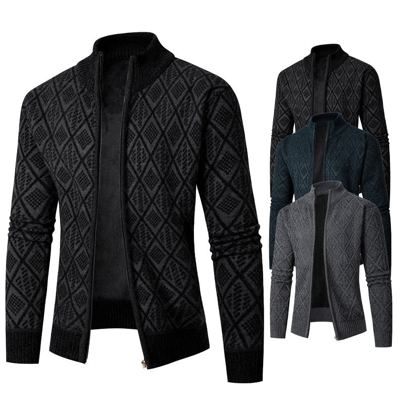 Herren Strickjacke mit rautenförmigem Design und hohem Kragen Aliams