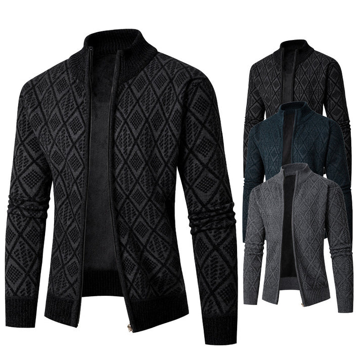 Herren Strickjacke mit rautenförmigem Design und hohem Kragen Aliams