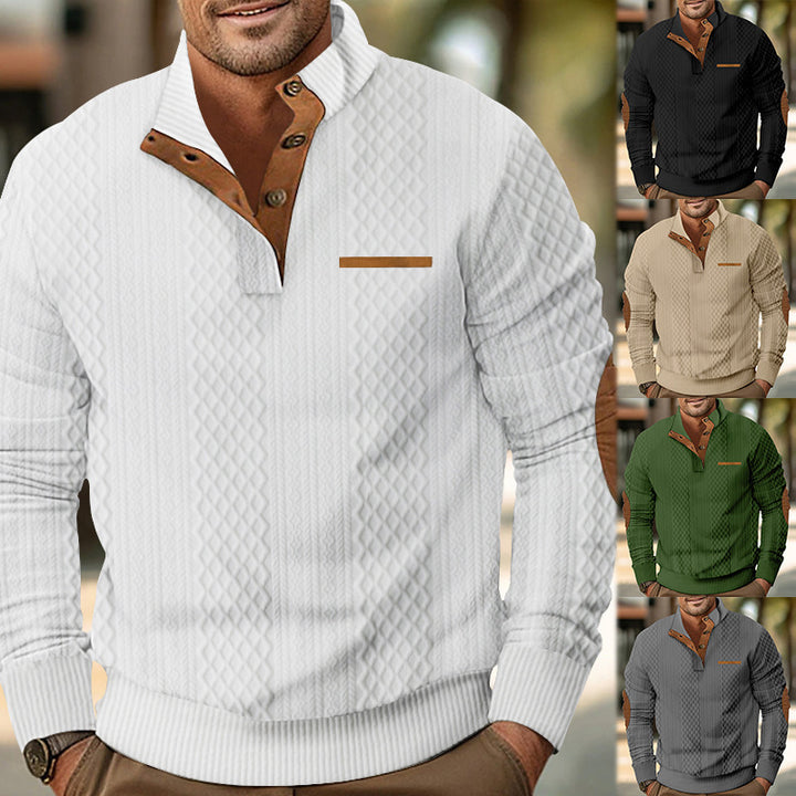 Herren strukturierter Pullover mit modischem Henley-Ausschnitt und geschmackvollen Kunstlederdetails Aliams