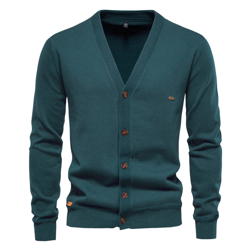Herren Strickjacke mit V-Ausschnitt und modischen Holzknöpfen Aliams