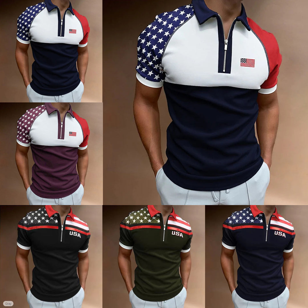 Herren Zip-Up Performance Polo-Shirt mit amerikanischer Flaggen-Applikation Aliams