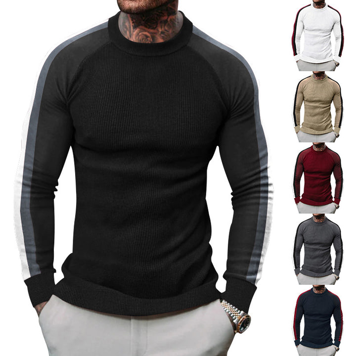 Herren sportlicher Strickpullover mit kontrastierenden Ärmeln und hohem Kragen Aliams