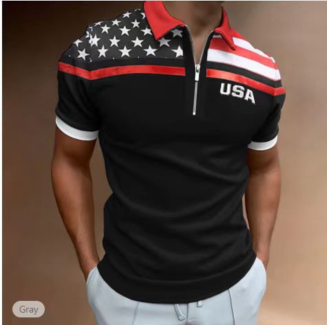 Herren Zip-Up Performance Polo-Shirt mit amerikanischer Flaggen-Applikation Aliams