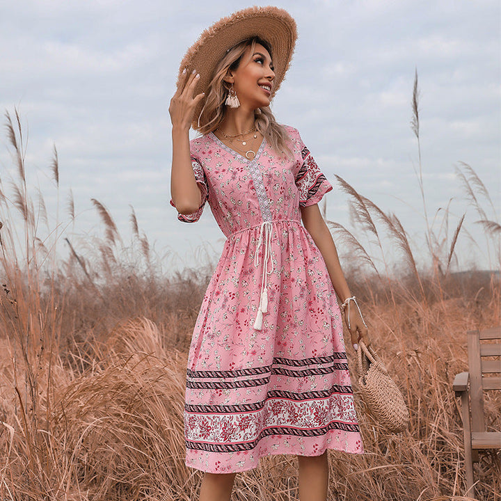 Damen Boho-Style Kleider mit Stickdetails und Taillenzugbund Aliams