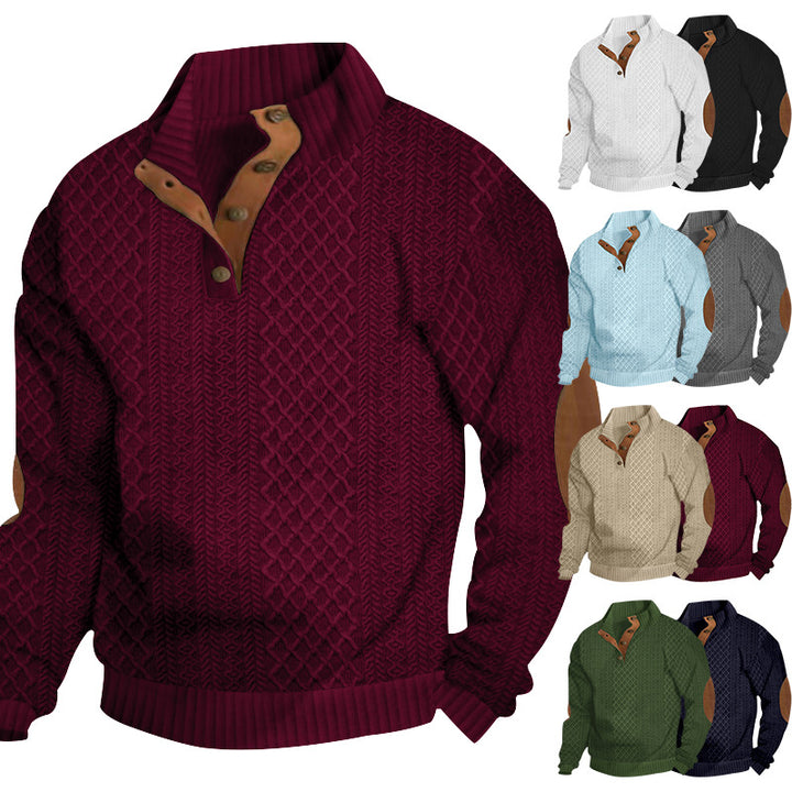 Herren Strickpullover mit innovativem Stehkragen und modernen Lederapplikationen Aliams