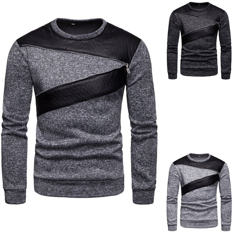 Herren stylischer Sweatpullover mit asymmetrischem Leder-Einsatz Aliams