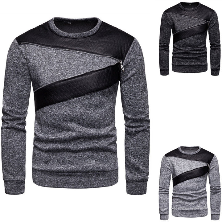 Herren stylischer Sweatpullover mit asymmetrischem Leder-Einsatz Aliams