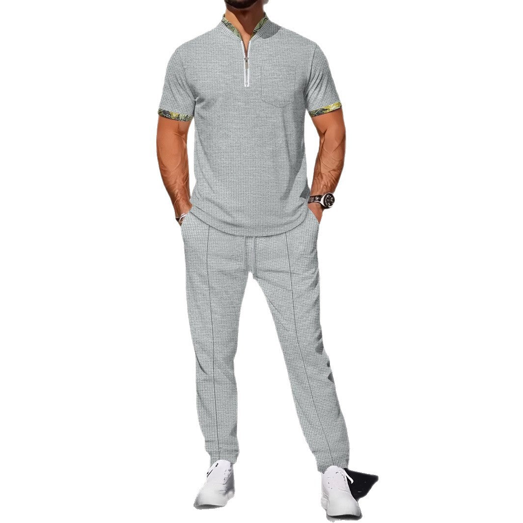 Herren Sportliches Kurzarm-Oberteil mit Reißverschluss und bequemen Jogginghosen Aliams