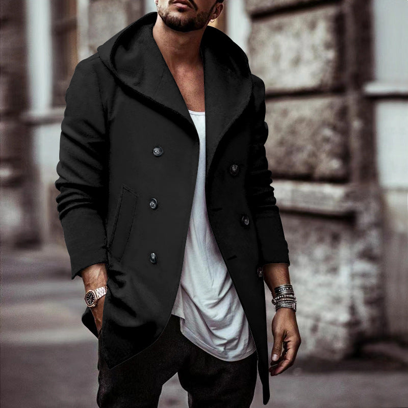 Herren stylischer Hoodie-Mantel mit doppelter Knopfreihe und weitem Kragen Aliams