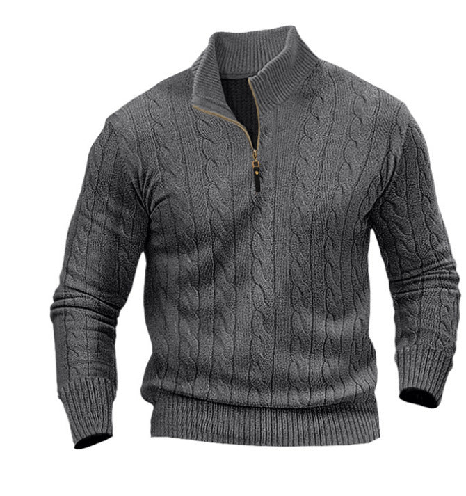 Herren stylischer Strickpullover mit halb offenem Kragen und Zopfmuster Aliams