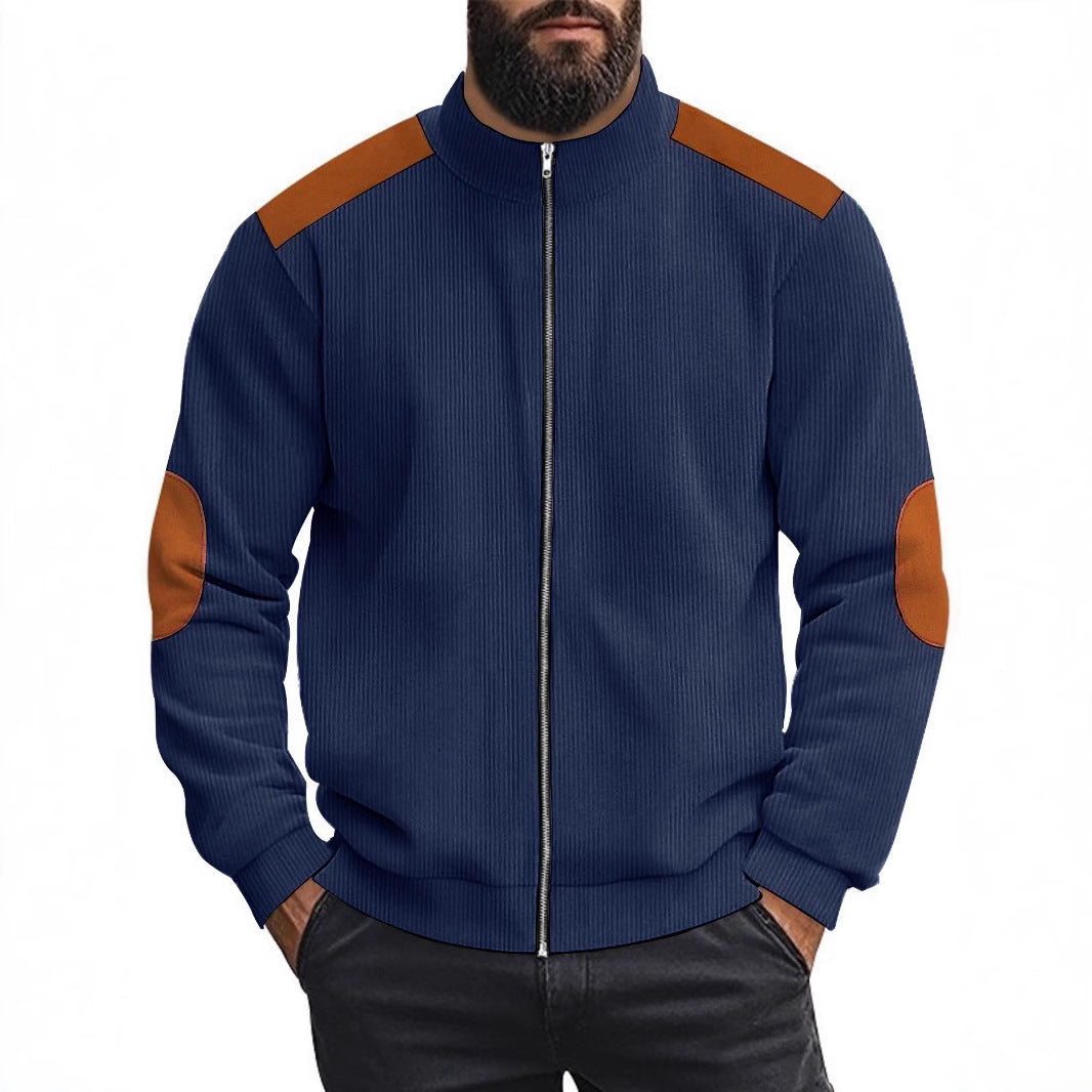Herren Strickjacke mit modernen Lederakzenten und hoch geschlossenem Kragen Aliams