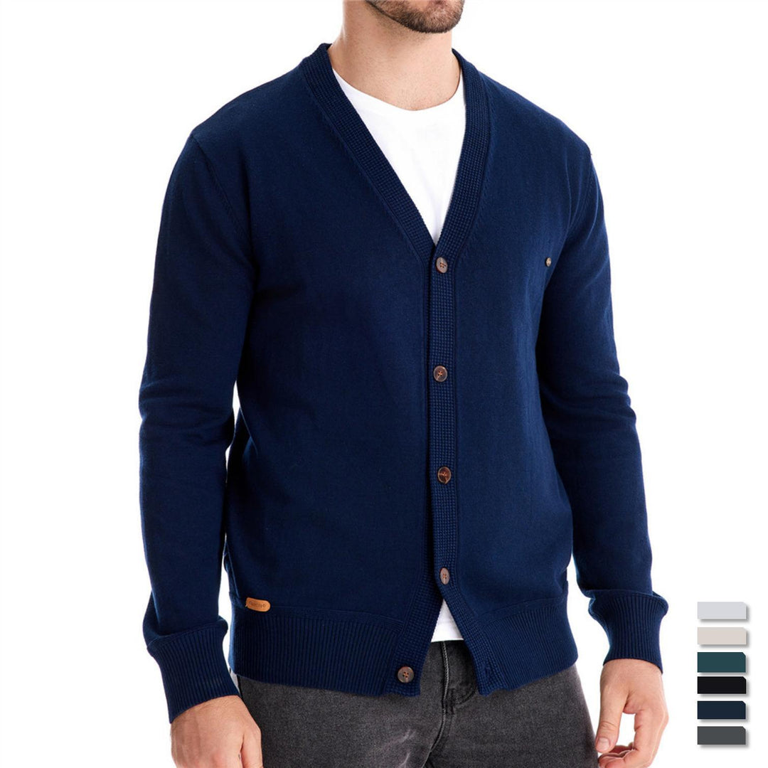 Herren Strickjacke mit V-Ausschnitt und modischen Holzknöpfen Aliams