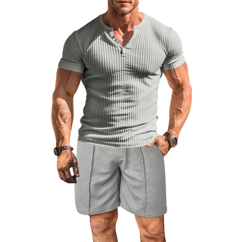 Herren strukturiertes Kurzarm-Henley-Shirt mit atmungsaktivem Design und bequemen Shorts Aliams