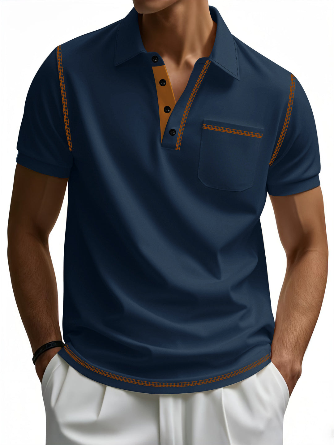 Herren sportliches Kurzarm-Polohemd mit Kontrastpaspelierung und Brusttasche Aliams