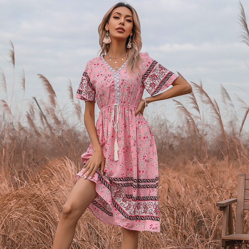 Damen Boho-Style Kleider mit Stickdetails und Taillenzugbund Aliams