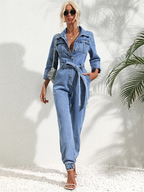 Aliams | Lässiger Denim-Jumpsuit mit Gürtel und Langen Ärmeln für Damen