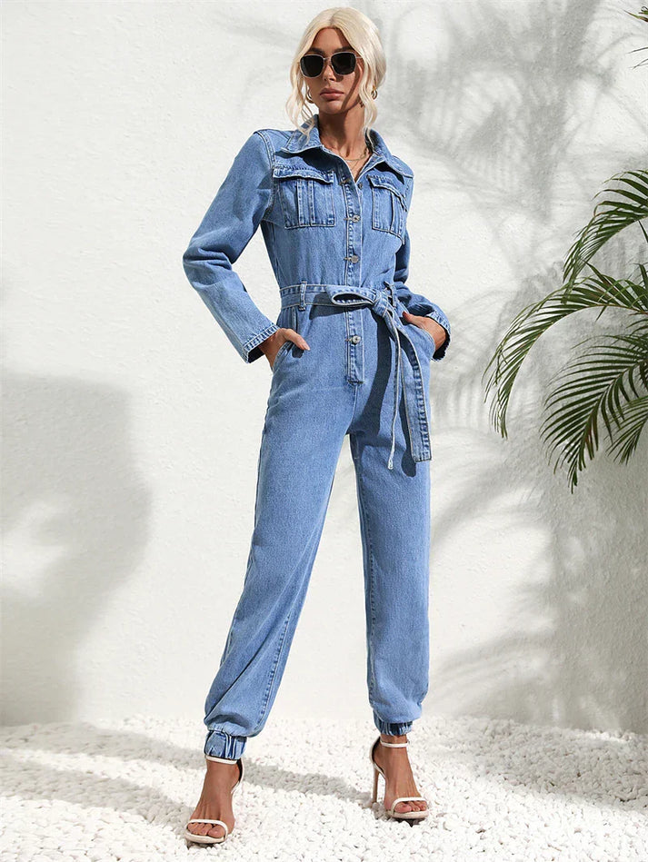 Aliams | Lässiger Denim-Jumpsuit mit Gürtel und Langen Ärmeln für Damen