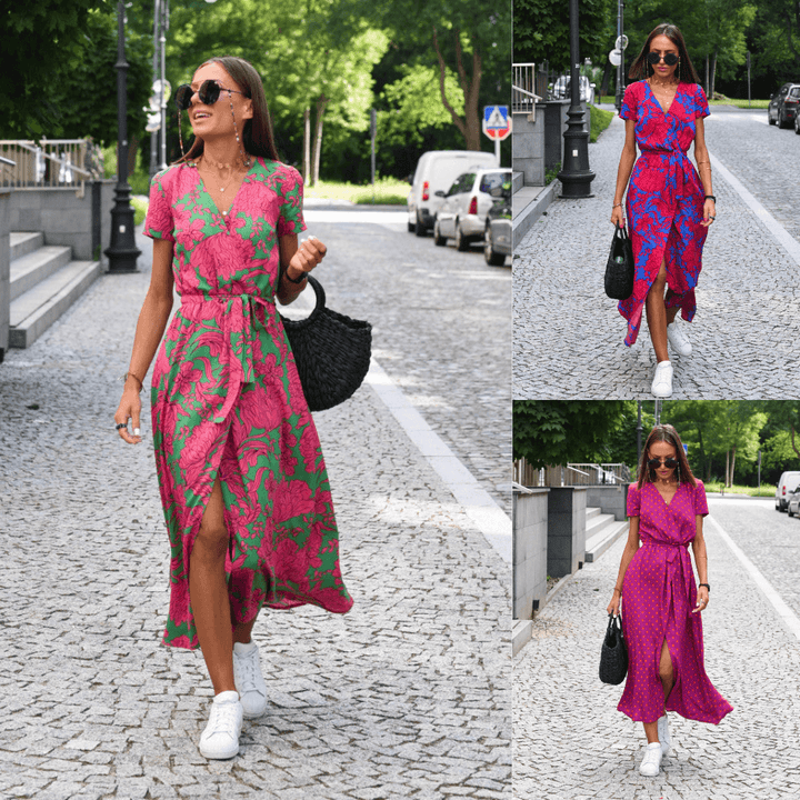 Aliams | Kurzarm V-Ausschnitt Sommerkleid Maxikleid