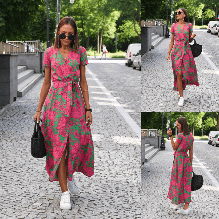 Aliams | Kurzarm V-Ausschnitt Sommerkleid Maxikleid