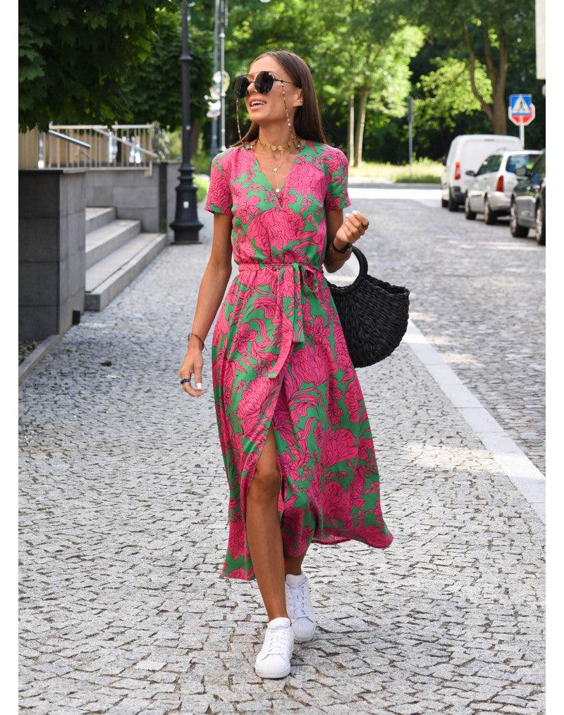 Aliams | Kurzarm V-Ausschnitt Sommerkleid Maxikleid