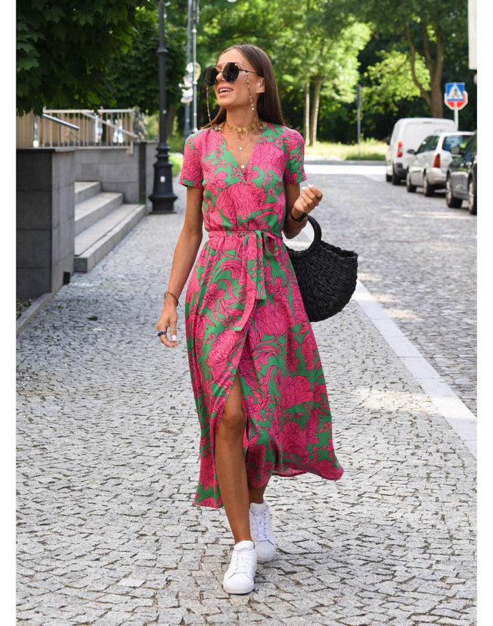 Aliams | Kurzarm V-Ausschnitt Sommerkleid Maxikleid