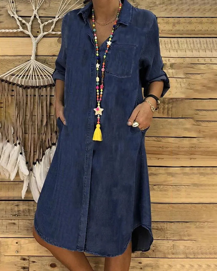 Aliams | Jeans Midi-Kleid mit Umgeschlagenen Ärmeln und Brusttasche.