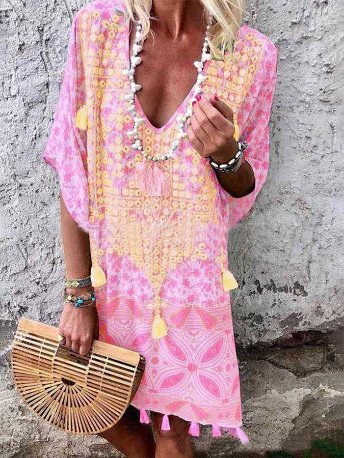 Damen Boho-Chic Kaftan mit V-Ausschnitt und Tassel-Details Aliams