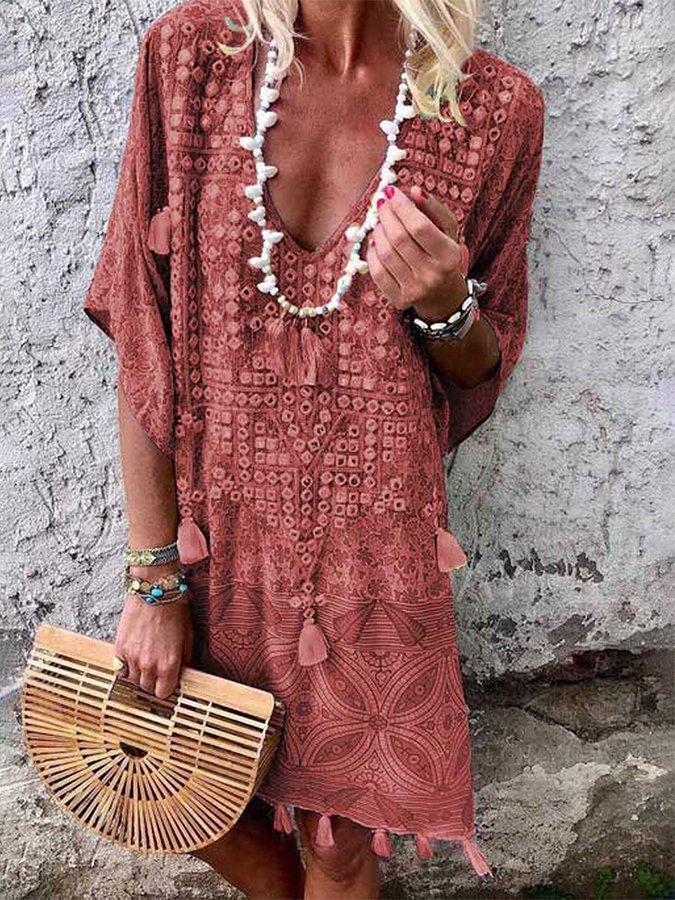 Damen Boho-Chic Kaftan mit V-Ausschnitt und Tassel-Details Aliams