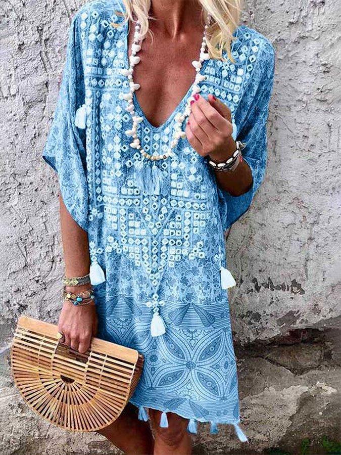 Damen Boho-Chic Kaftan mit V-Ausschnitt und Tassel-Details Aliams