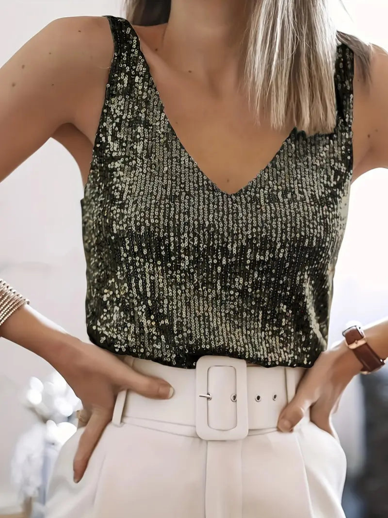 Aliams | Damen Glitter Pailletten V-Ausschnitt Top Ärmelloses Shirt Top für Frauen