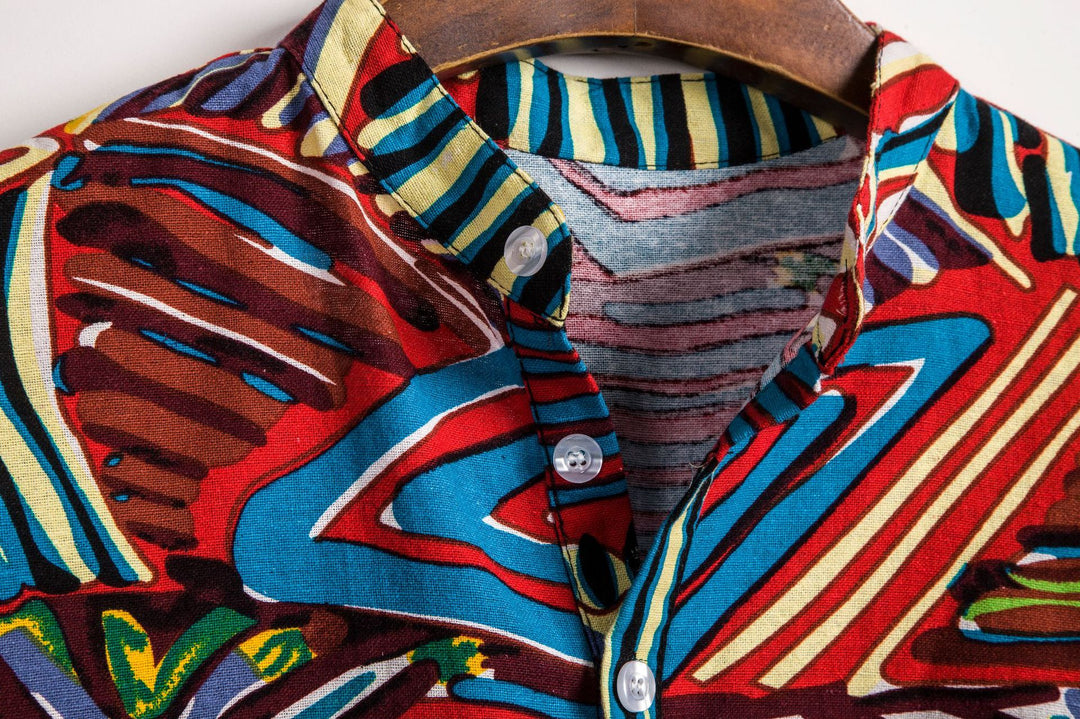 Herren Kurzarmhemd im kreativen Tribal-Design mit modernem Stehkragen Aliams