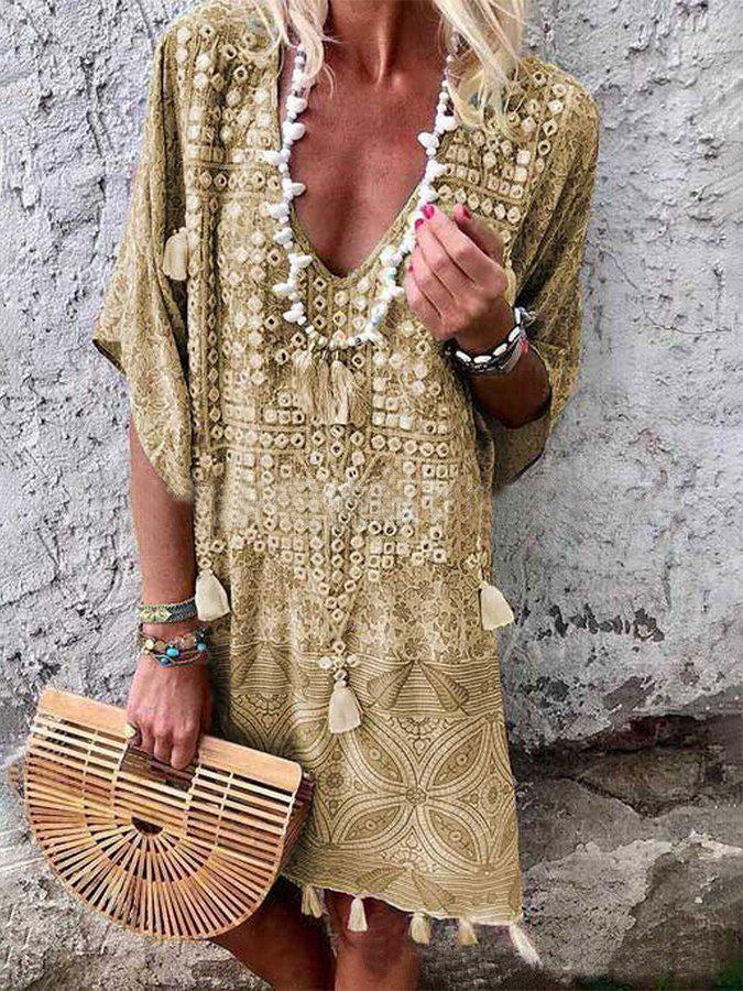 Damen Boho-Chic Kaftan mit V-Ausschnitt und Tassel-Details Aliams