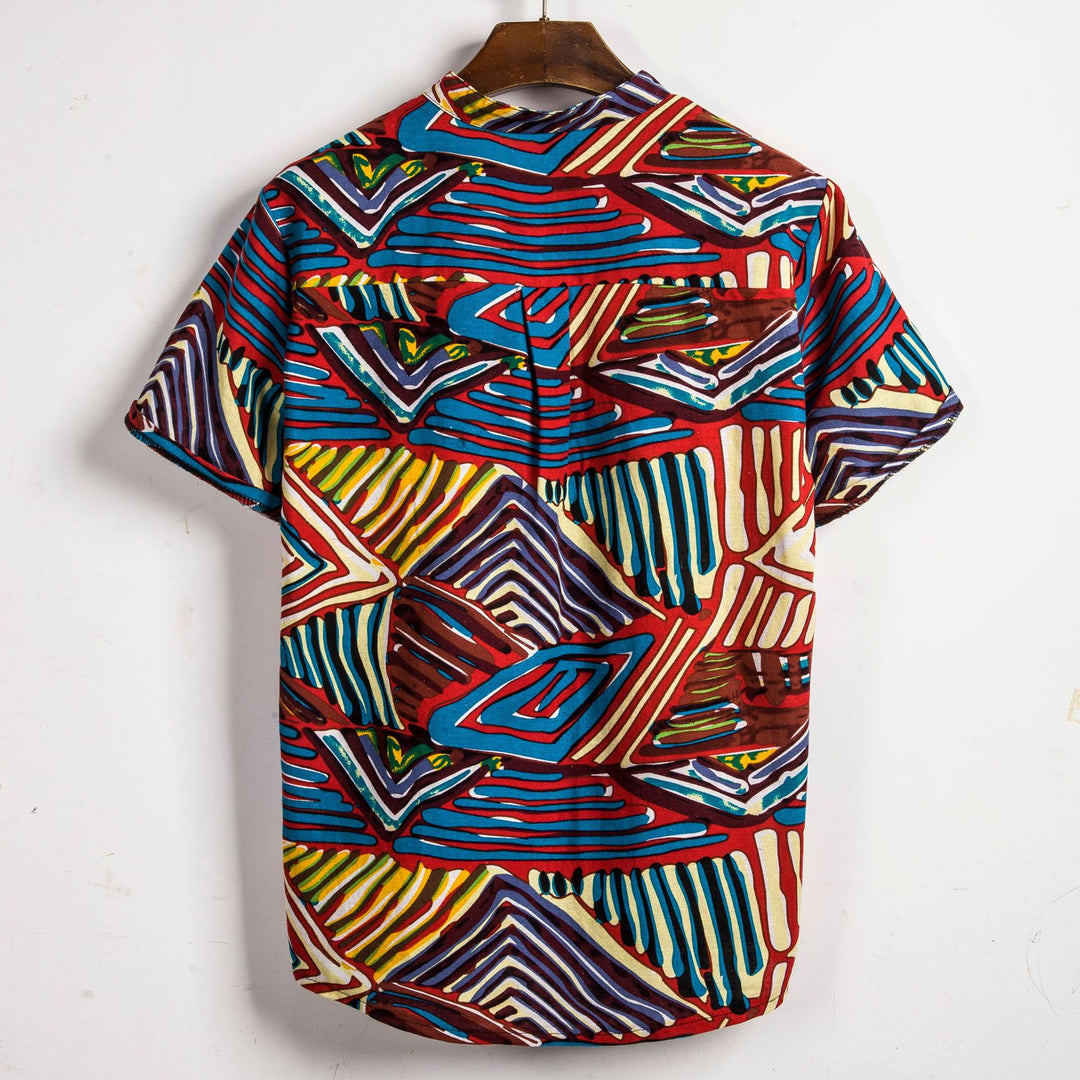 Herren Kurzarmhemd im kreativen Tribal-Design mit modernem Stehkragen Aliams