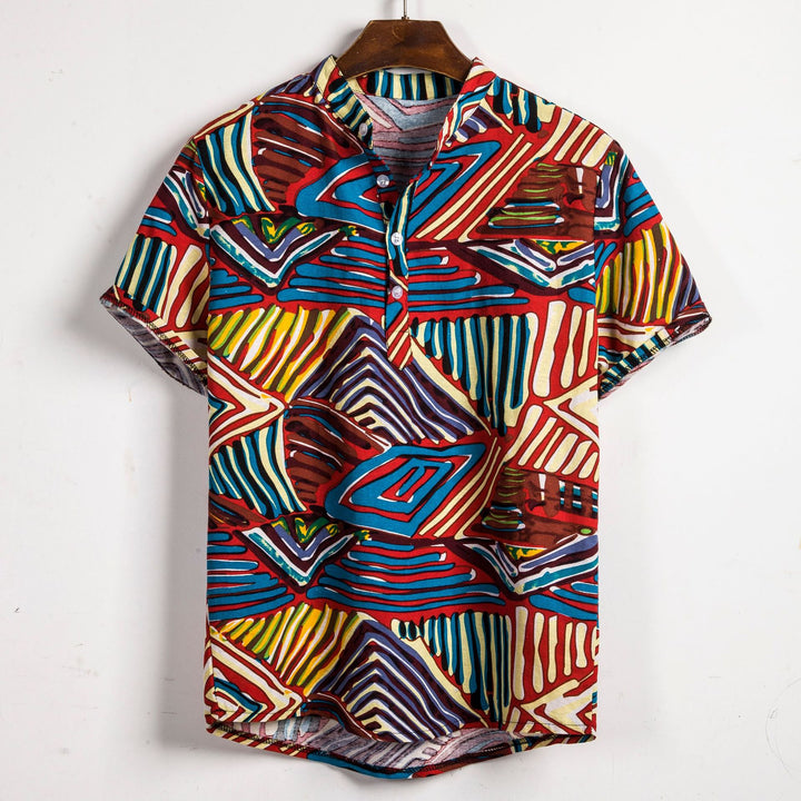 Herren Kurzarmhemd im kreativen Tribal-Design mit modernem Stehkragen Aliams
