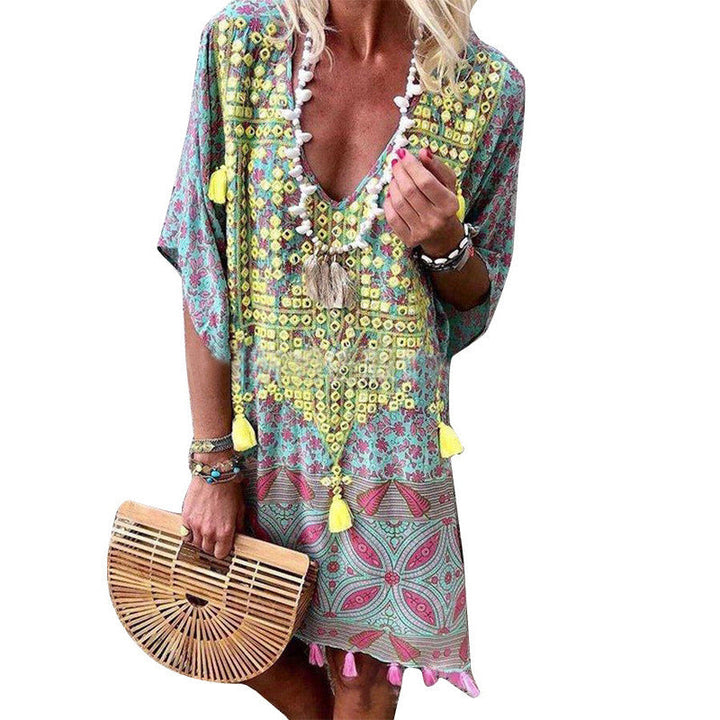 Damen Boho-Chic Kaftan mit V-Ausschnitt und Tassel-Details Aliams