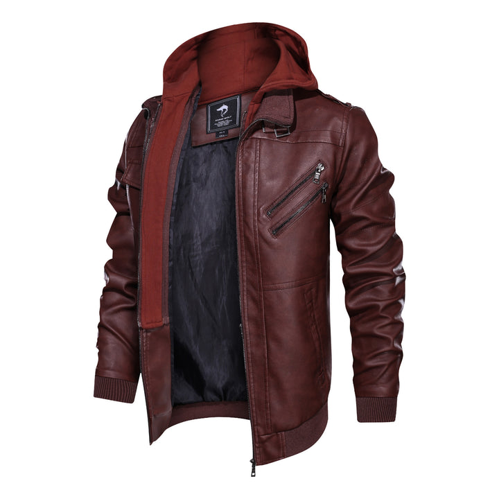 Herren Kunstlederjacke mit abnehmbarem Kapuzenfutter und kleinen Reißverschlusstaschen Aliams