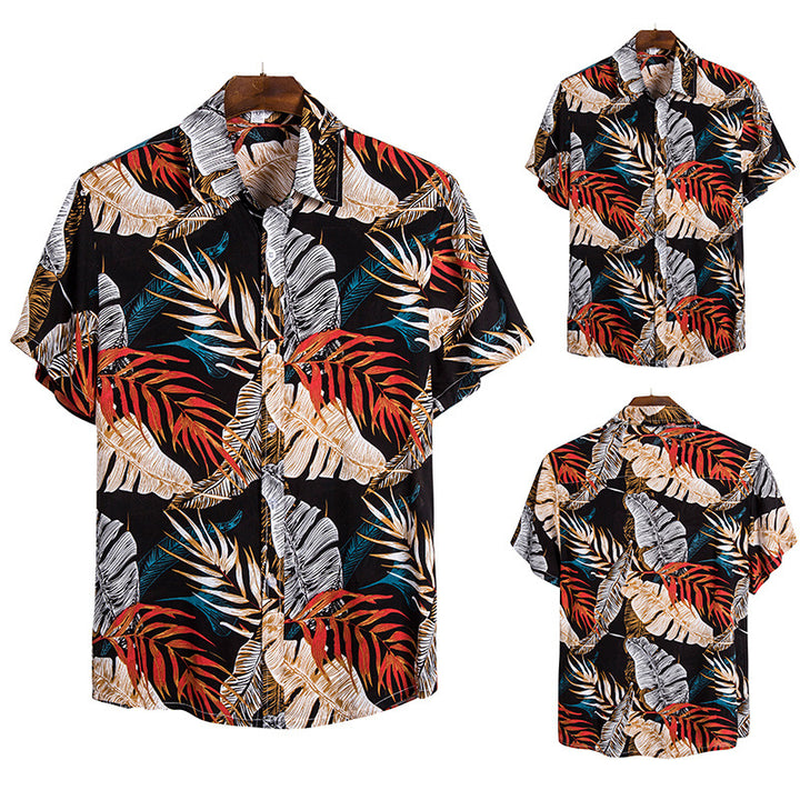 Herren Kurzarmhemd im tropischen Blätterdesign mit atmungsaktiver Baumwolle Aliams