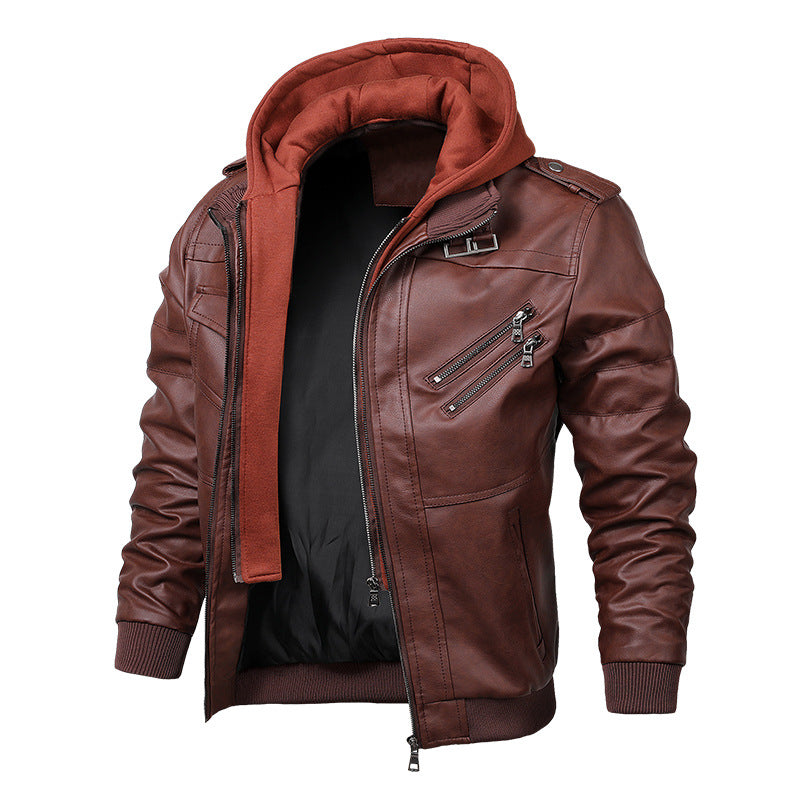 Herren Kunstlederjacke mit abnehmbarer Kapuze und gesteppten Details Aliams