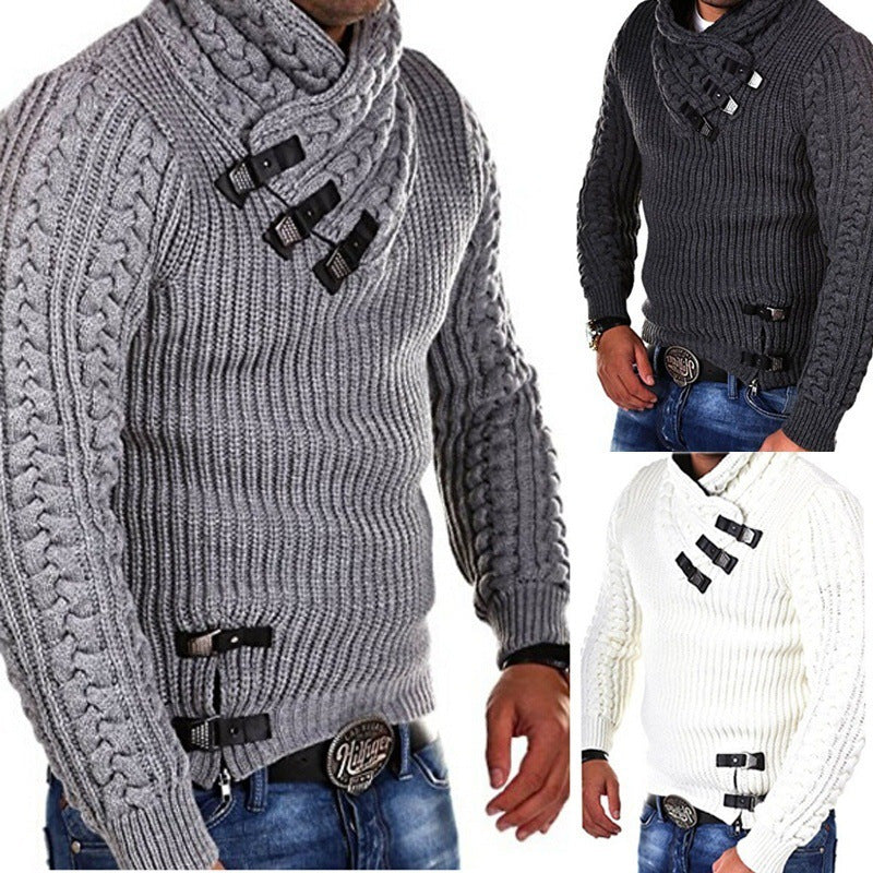 Herren Grobstrick Pullover mit flexiblem Kragen und dekorativen Verschlüssen Aliams