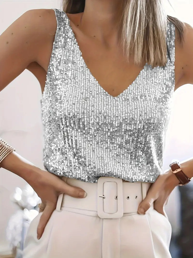 Aliams | Damen Glitter Pailletten V-Ausschnitt Top Ärmelloses Shirt Top für Frauen