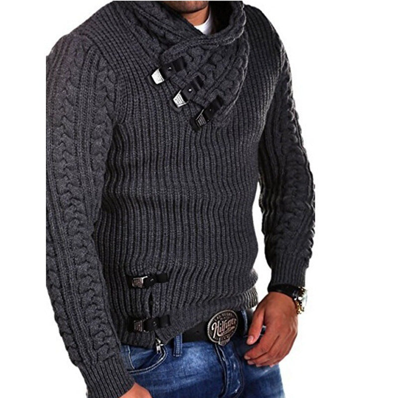 Herren Grobstrick Pullover mit flexiblem Kragen und dekorativen Verschlüssen Aliams