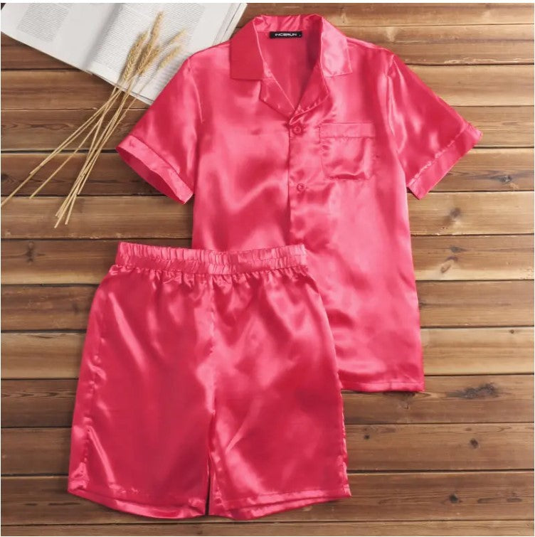Damen Satin-Pyjama-Set mit kurzer Hose und elegantem Kragen Aliams